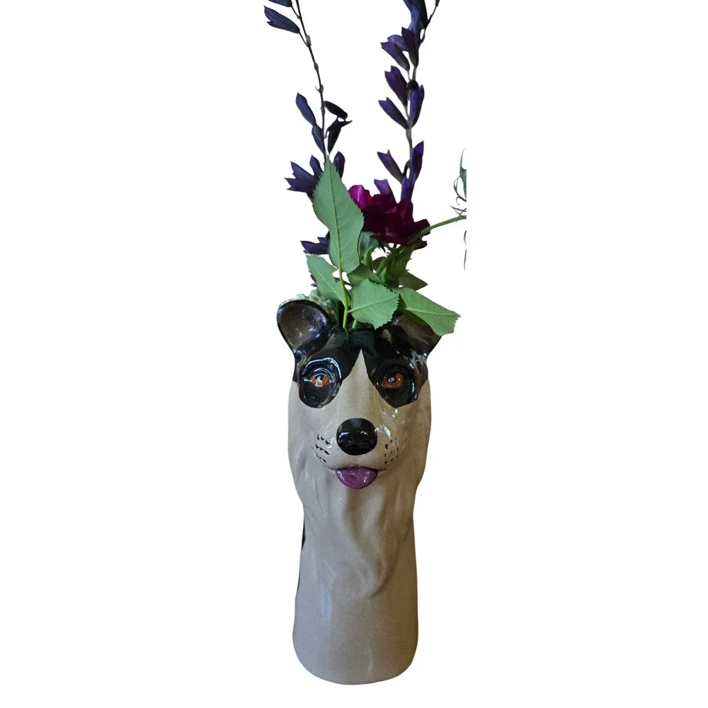 Kitschy Hand Painted Ceramic Dog Head Bud Vase Border Collie Figurine Glossy 7